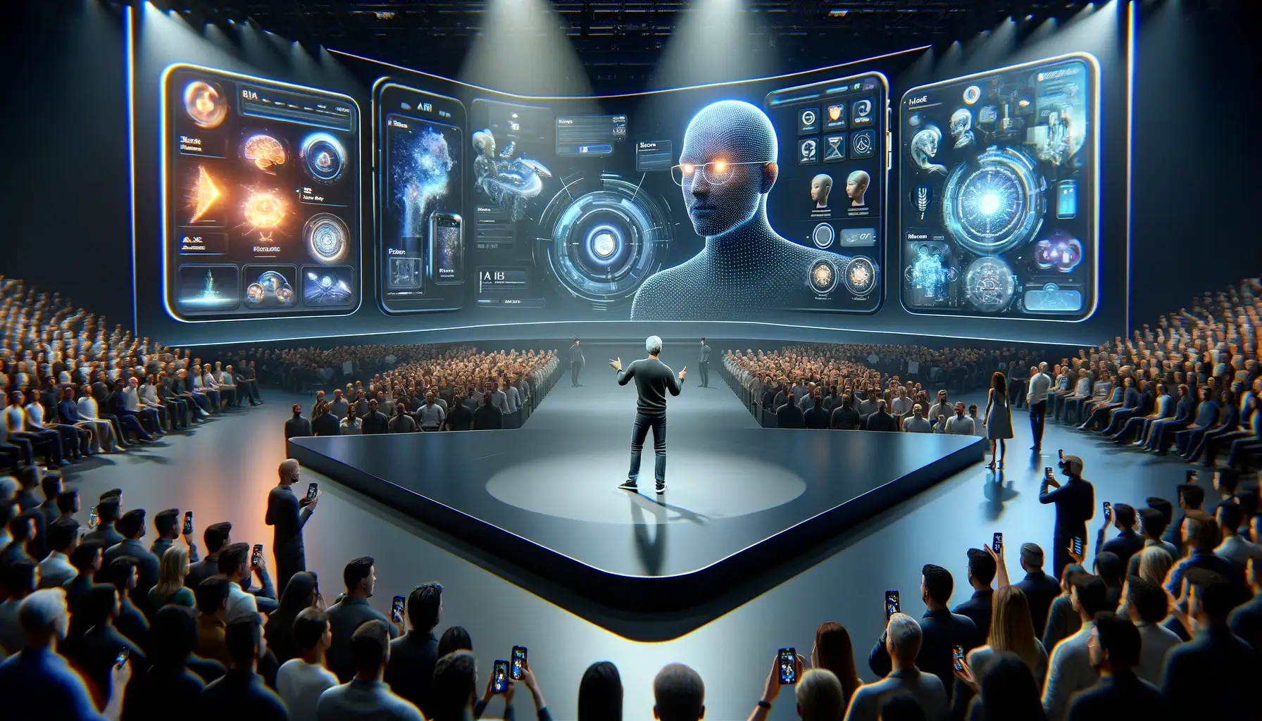 Create an image of Tim Cook standing on stage at an Apple event, surrounded by futuristic technology and AI-powered devices. The audience is captivated as he announces the upcoming launch of Apple's AI feature. --ar 16:9