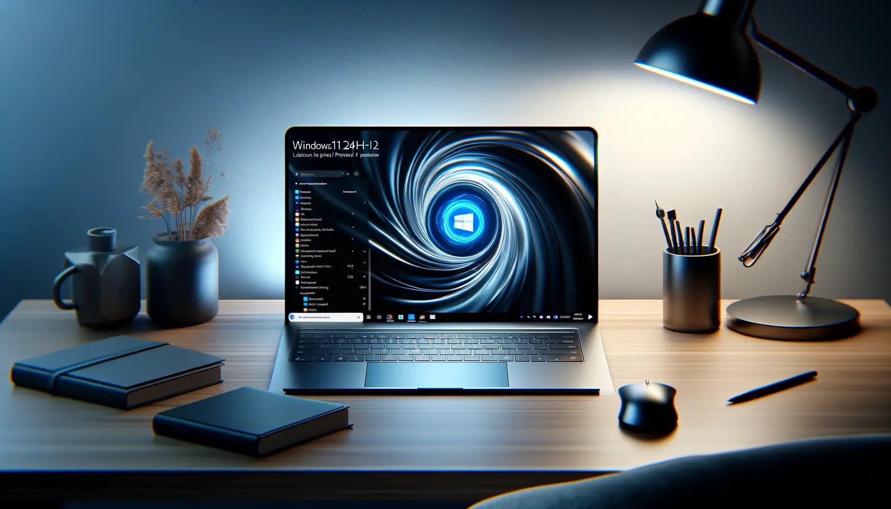 DALL·E 2024 02 03 22.03.19 Imagine a sleek futuristic laptop with a high resolution screen displaying a preview of the Windows 11 24H2 update focusing on AI powered features i 1 1