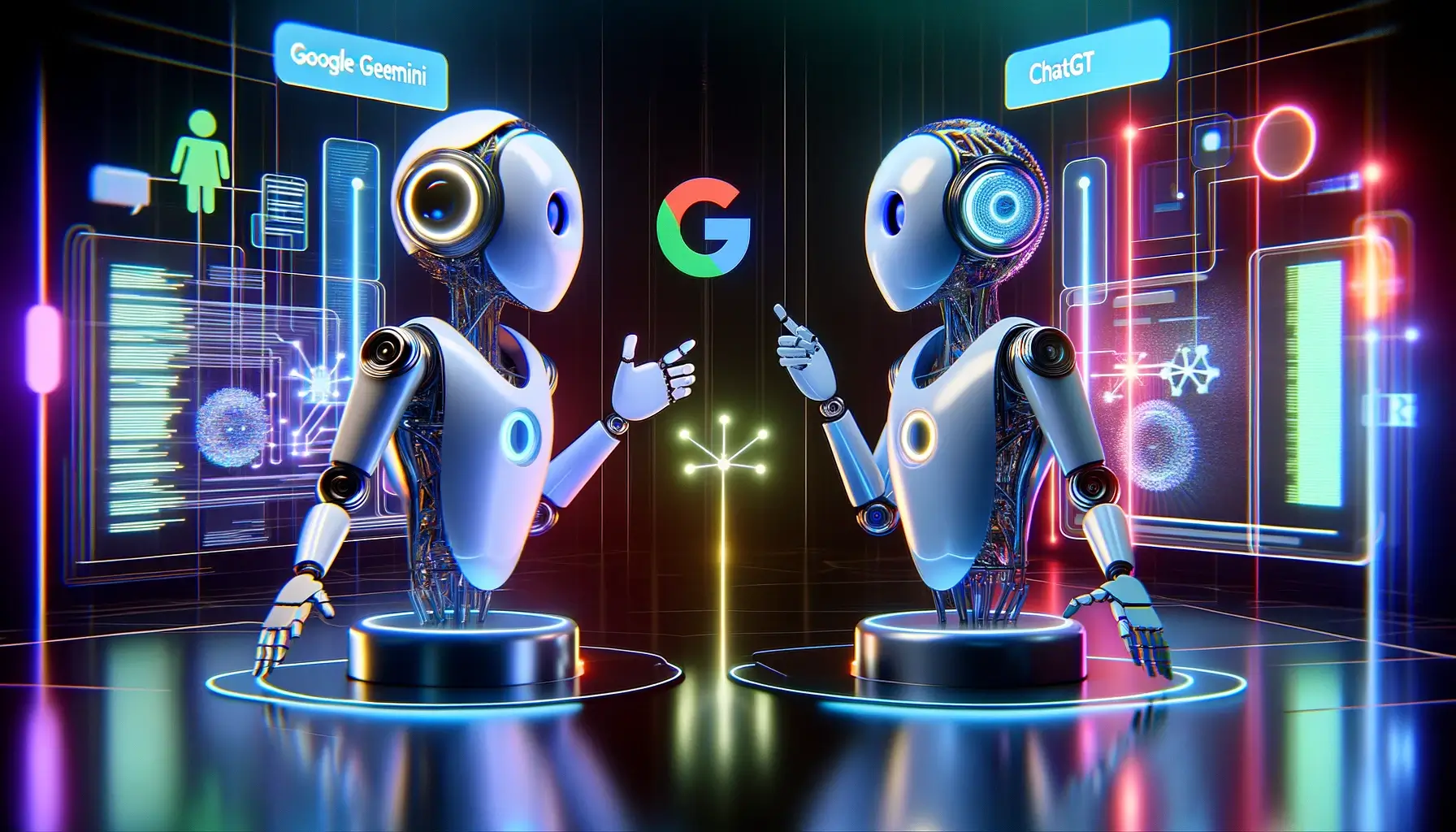 DALL·E 2024 02 09 17.13.49 Imagine a sleek futuristic scene where two chatbot characters one representing Googles Gemini and the other representing ChatGPT are depicted enga 2