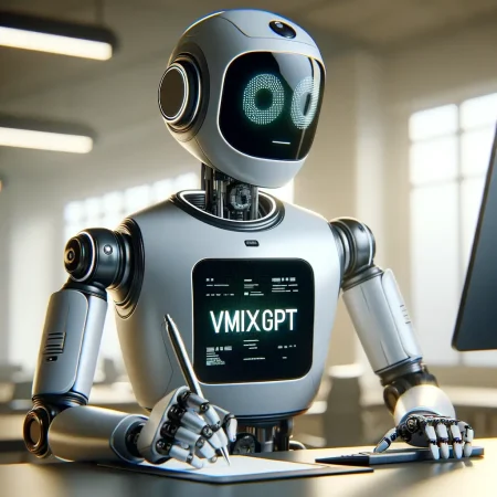 DALL·E 2024-01-14 09.53.49 – A modern, youthful robot with the text ‘vMixGPT’ emblazoned on its chest, holding a pen and writing on a computer screen. The robot’s design should be (1) DALL·E 2024-01-14 09.53.49 - A modern, youthful robot with the text 'vMixGPT' emblazoned on its chest, holding a pen and writing on a computer screen. The robot's design should be (1)